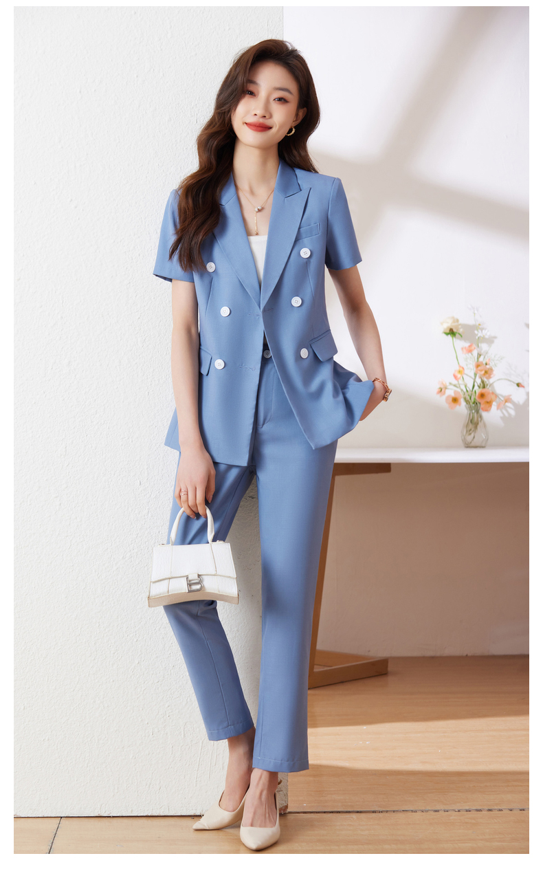 浅蓝短袖西装外套女薄款夏季气质职业西服套装正装酒店前台工作