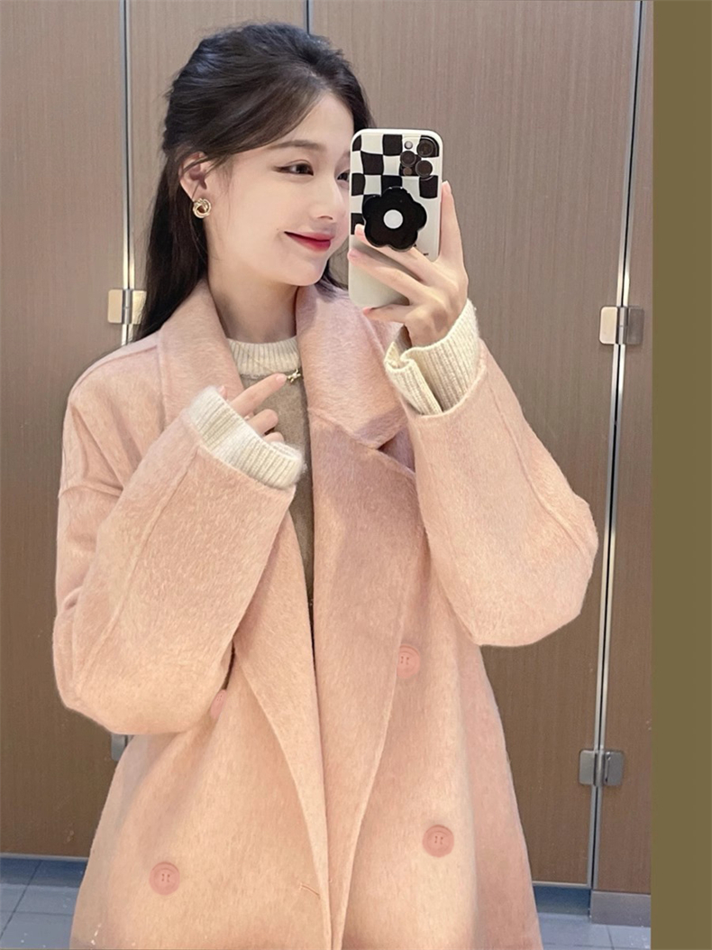 韩系粉色大衣女秋冬季2023新款中长款赫本风小个子毛呢外套高级感
