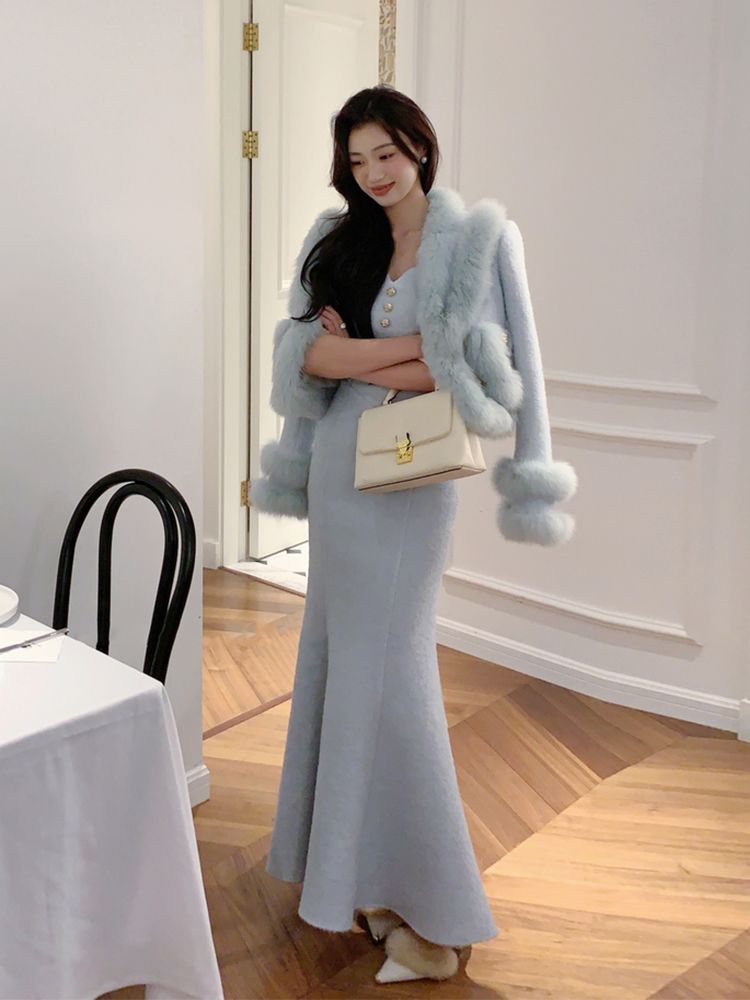 韩剧富家千金高级感小洋装气质名媛小香风蓝色厚外套裙子套装冬季